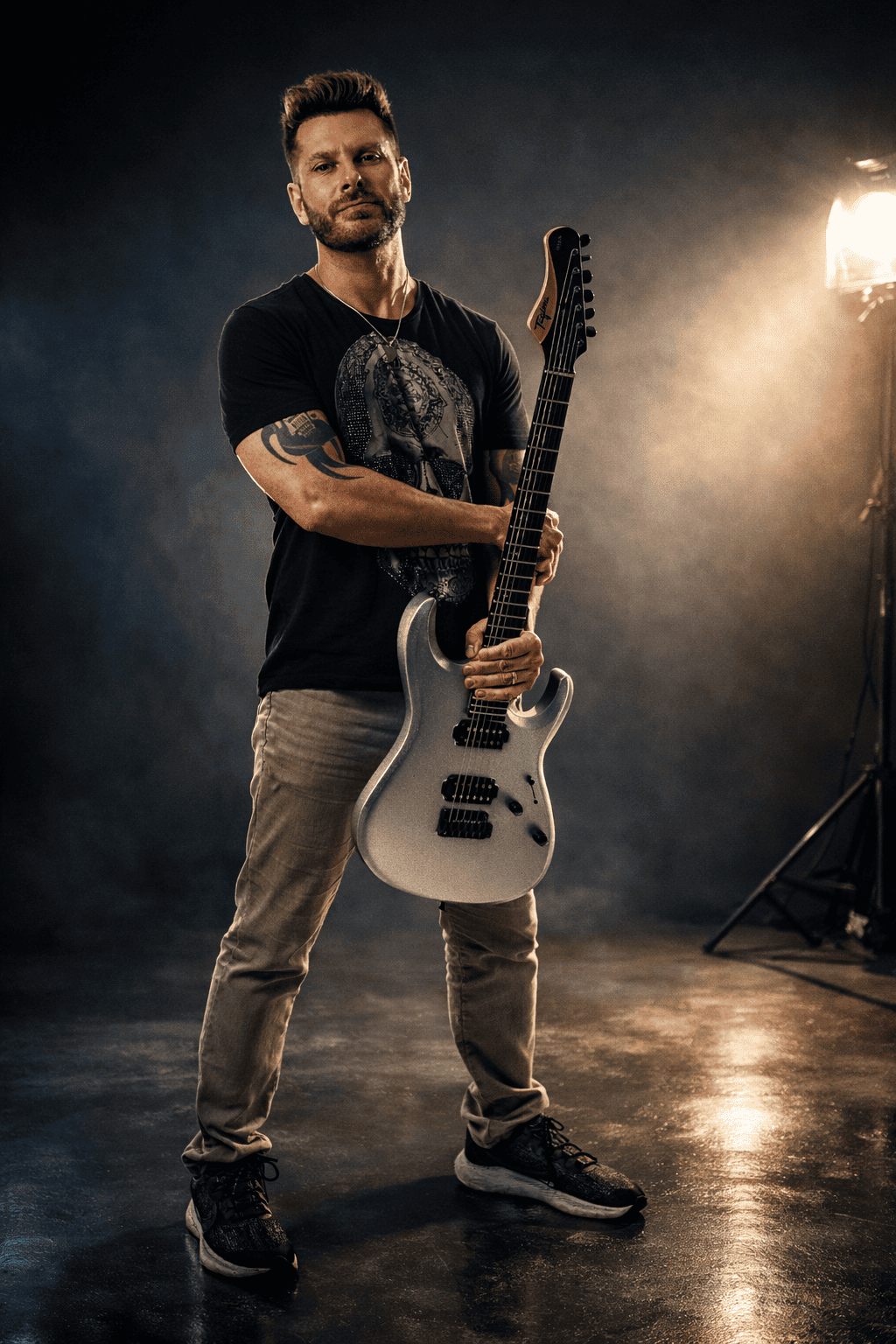 Mauricio Alabama segurando sua guitarra